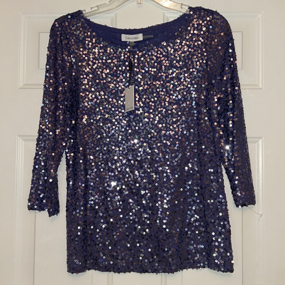 Calvin Klein Sparkling Sequin Top S NWT Sapphire Glam Holiday Festive Bling